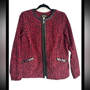BOB MACKIE Wearable Art Red Black Faux Leather Trim Full Zip Jacket Sz M